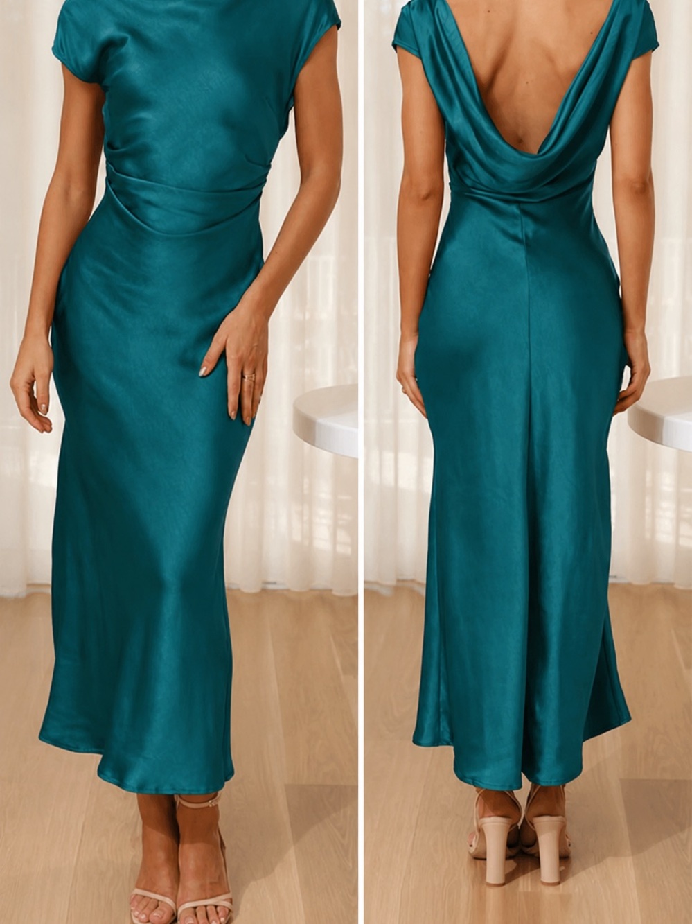 Teal Satin Draped Back Midi Dress
